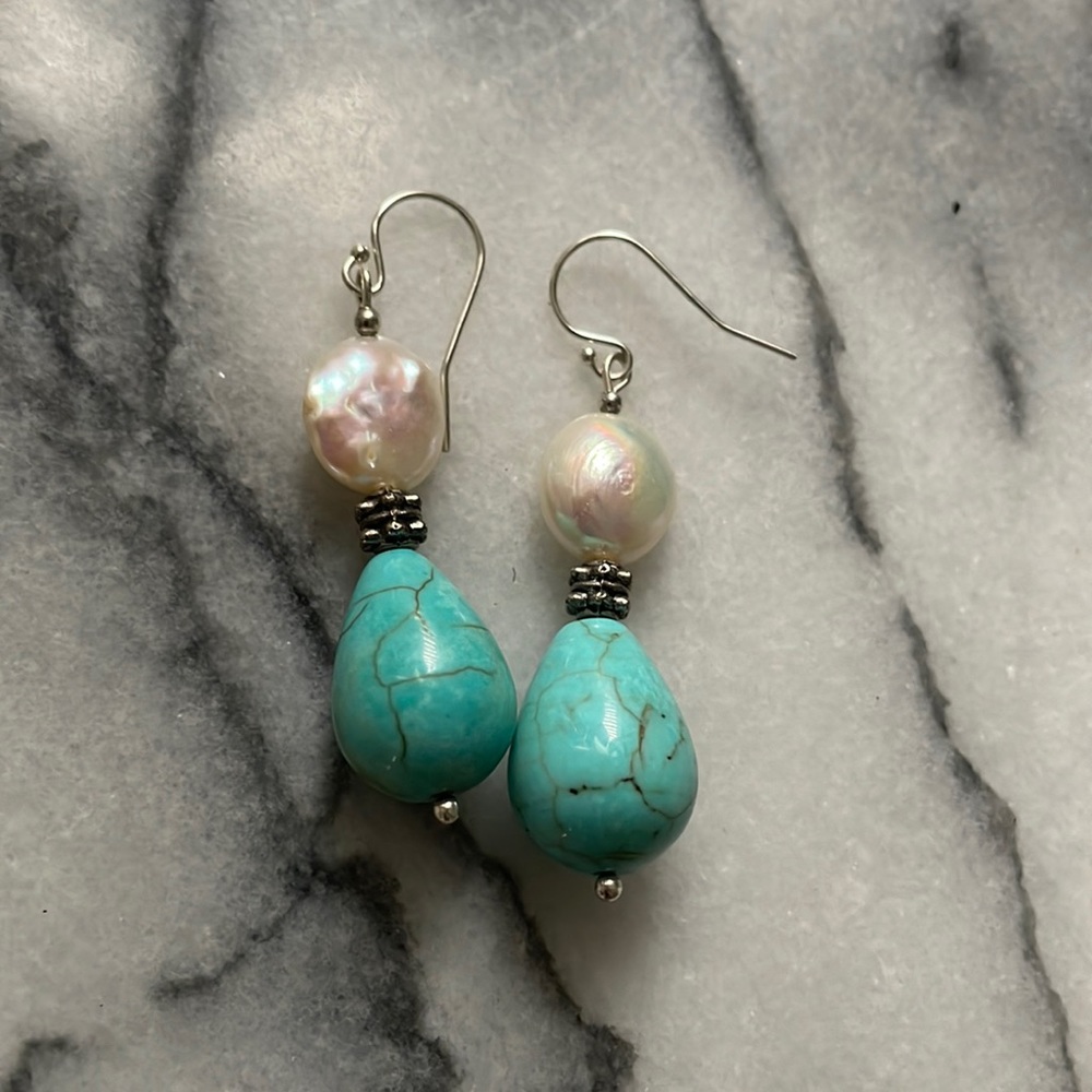 Freshwater pearl baroque teardrop stone sterling silver 925 earrings - Picture 7 of 16
